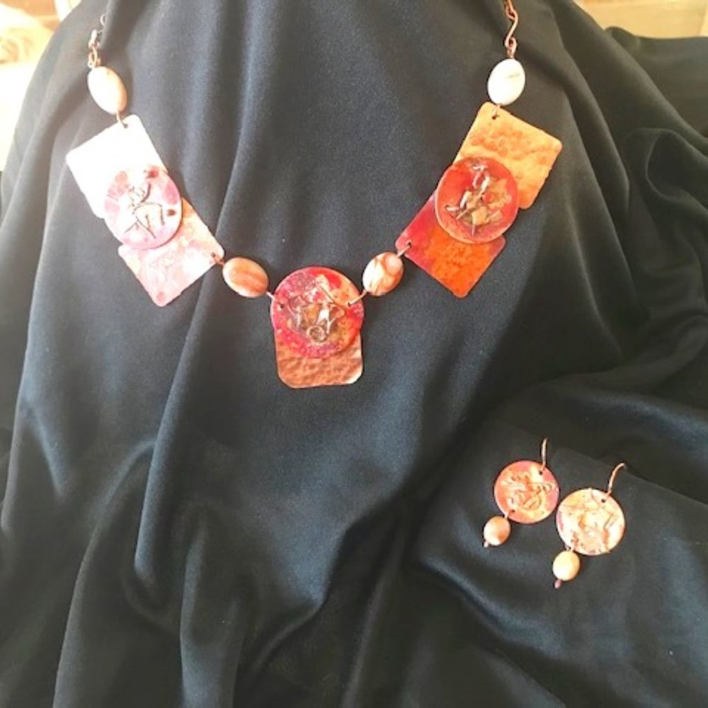 Handcrafted copper & jasper necklace, earrings set